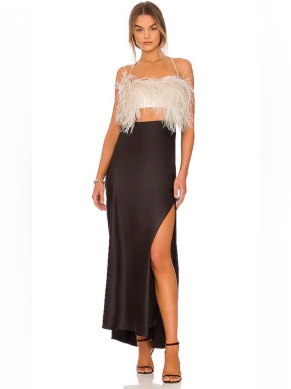 PatBO Black Satin Midi Dress with Cream Feather Bodice